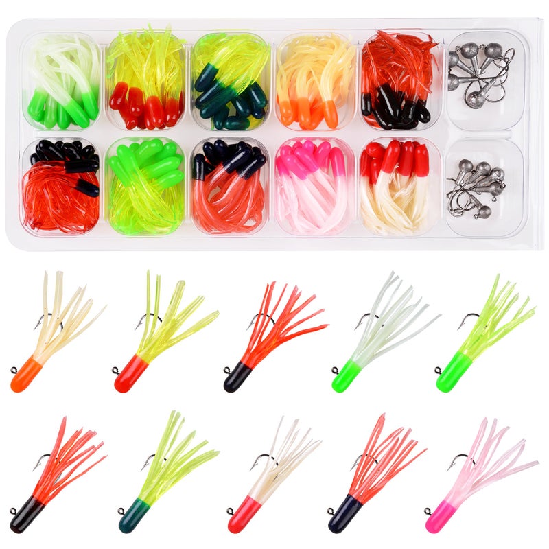 OROOTL Soft Fishing Lures Jig Head Hooks Kit, Crappie Jigs Lures Kit Mixed Curly Grub Lures Tube Baits Soft Plastic Swimbaits for Bass Trout Panfish Saltwater Freshwater Fishing - Image 1